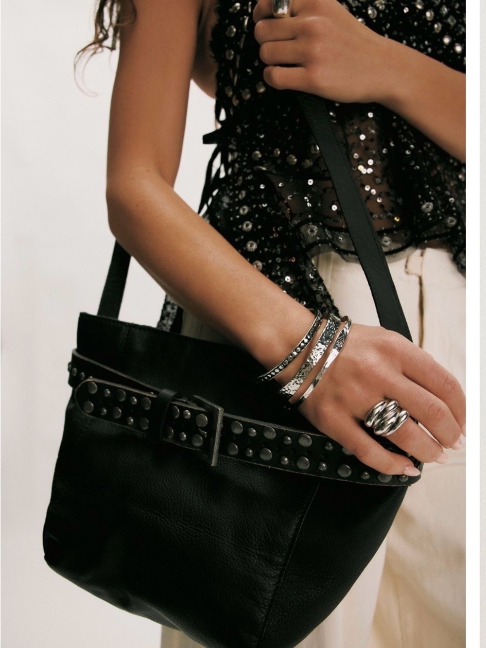 Free People Black Studded Leather Shoulder Tote